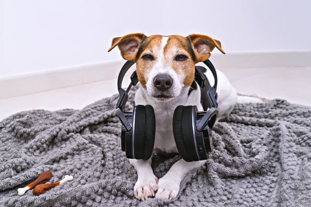 Cachorro com fone de ouvido