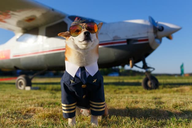 Akita com óculos de sol e com roupa de piloto de avião